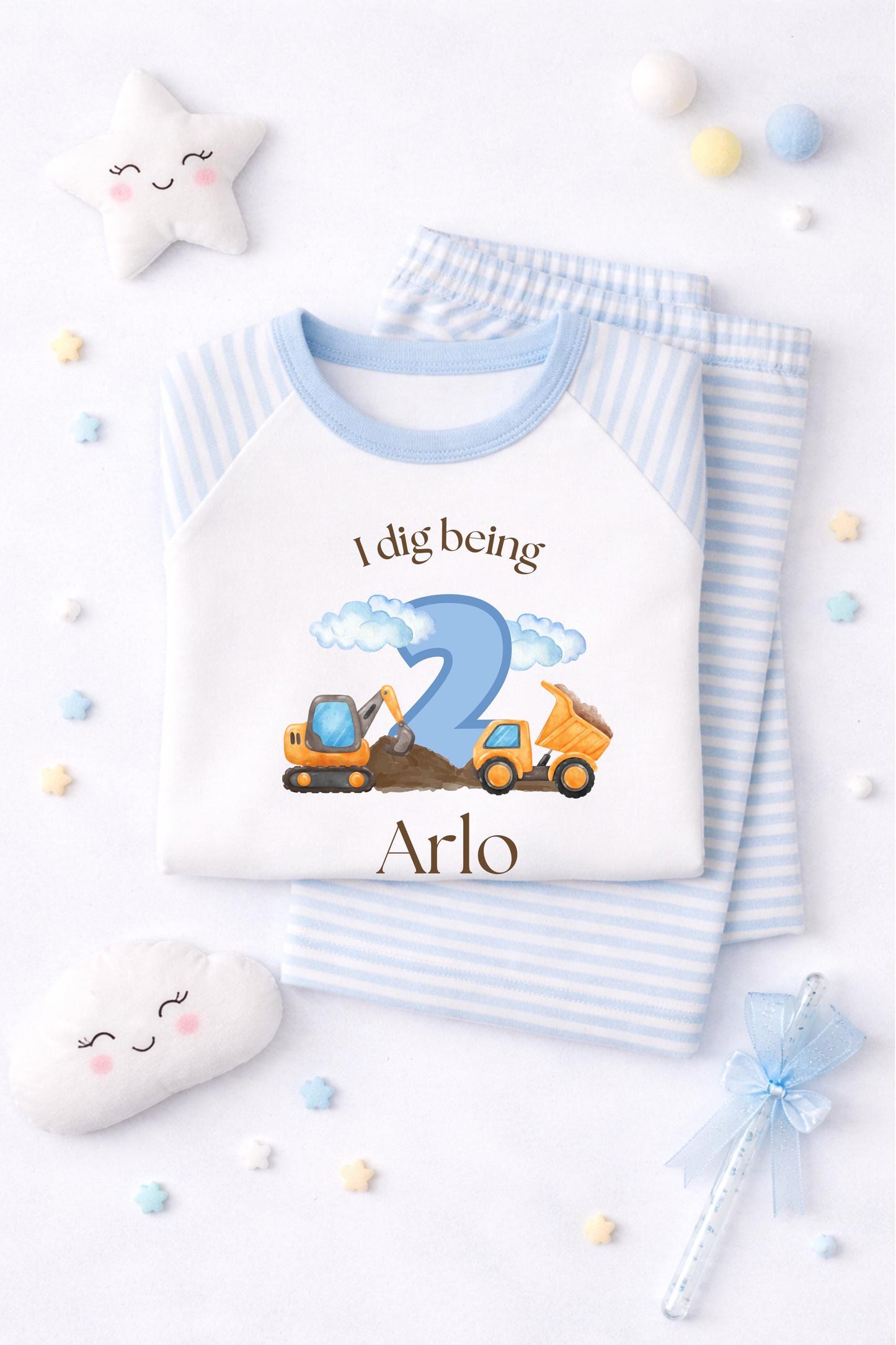Personalised Children's Digger Blue Cloud Pyjamas – Birthday Jammies, 'When I Wake Up I Will Be One/Two/Three'