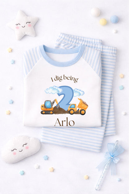 Personalised Children's Digger Blue Cloud Pyjamas – Birthday Jammies, 'When I Wake Up I Will Be One/Two/Three'