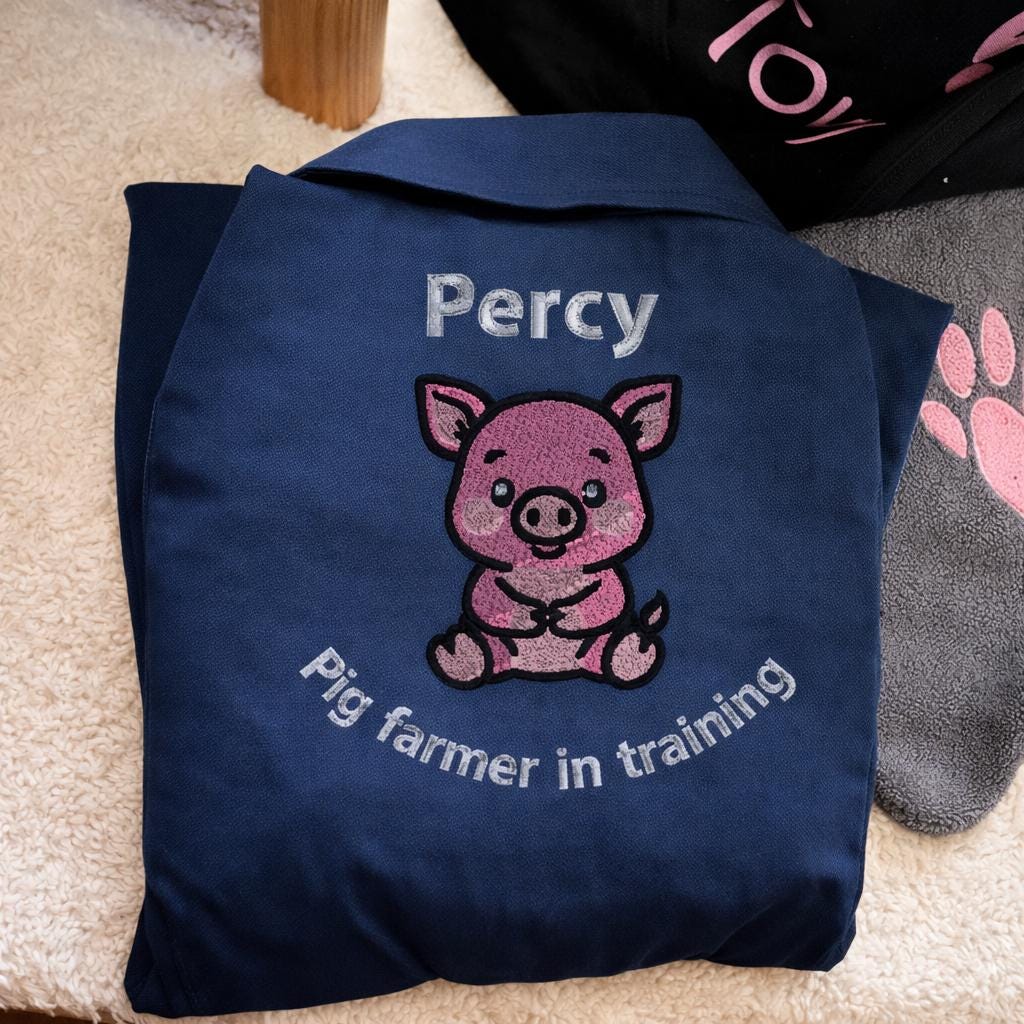 Personalised kids pig overalls, childrens navy embroidered boilersuit, kids sizes aged 1-12 years