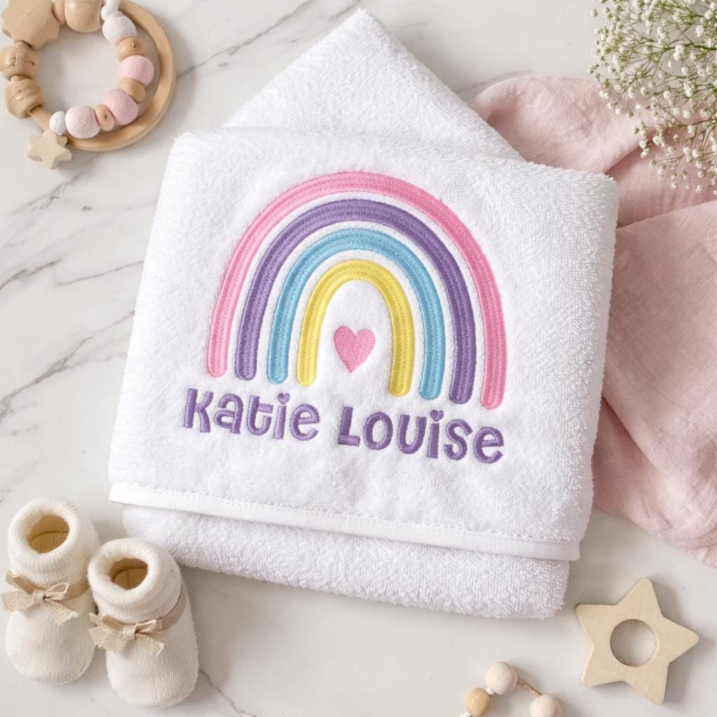 Personalised Kids Swimming Towel | Rainbow Theme Cotton Towel | Embroidered Swimming Lesson Towel