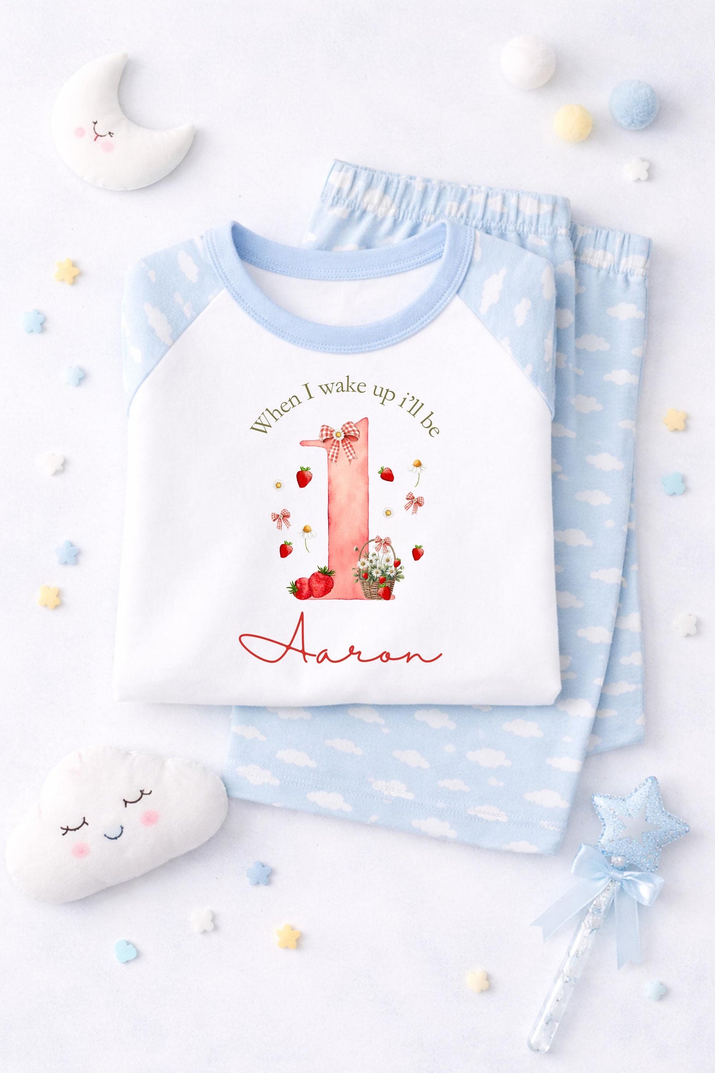 Personalised strawberry Birthday Pyjamas, Pink Cloud Sleepwear, Berry first birthday, when I wake up I will be one, two, three