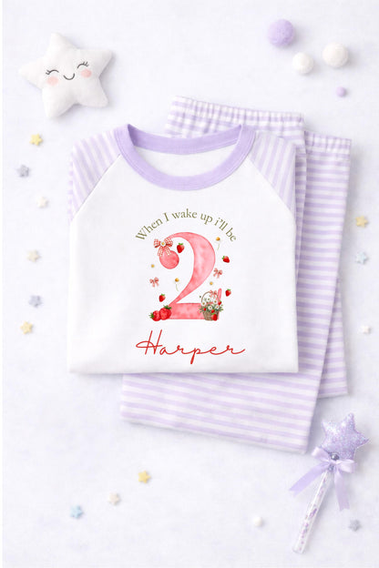 Personalised strawberry Birthday Pyjamas, Pink Cloud Sleepwear, Berry first birthday, when I wake up I will be one, two, three