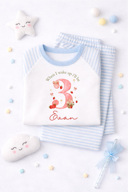 Personalised strawberry Birthday Pyjamas, Pink Cloud Sleepwear, Berry first birthday, when I wake up I will be one, two, three