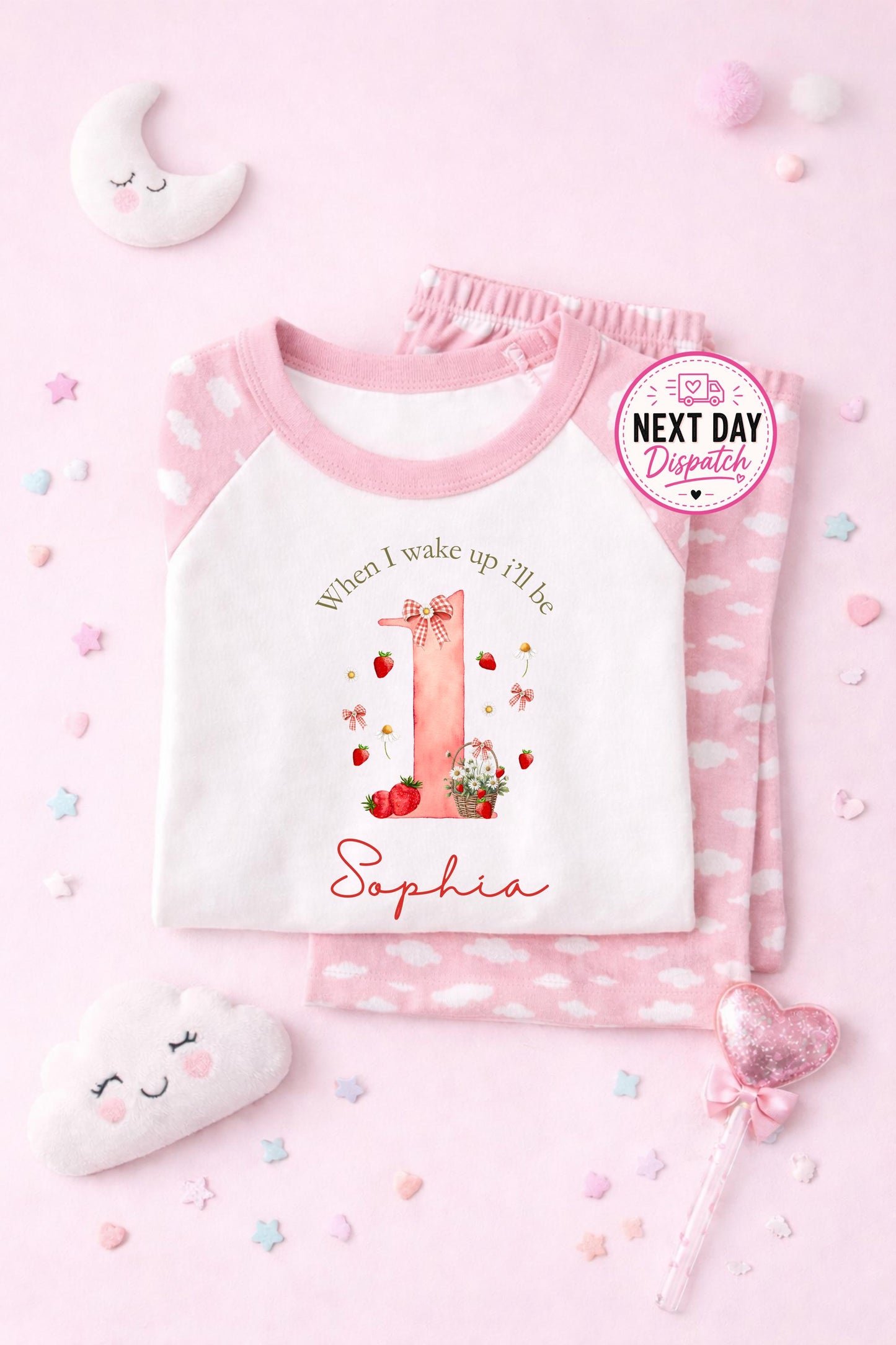 Personalised strawberry Birthday Pyjamas, Pink Cloud Sleepwear, Berry first birthday, when I wake up I will be one, two, three