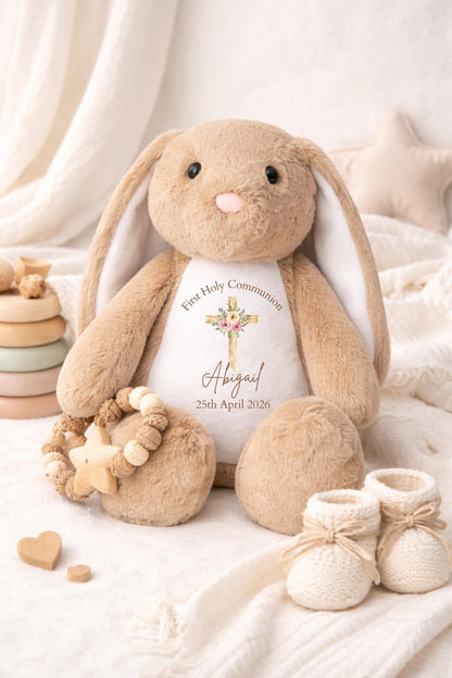Personalised First Holy Communion Bunny | Communion Gift for Girls | Christening Bunny Teddy | Custom Name Plush Keepsake | Religious Gift