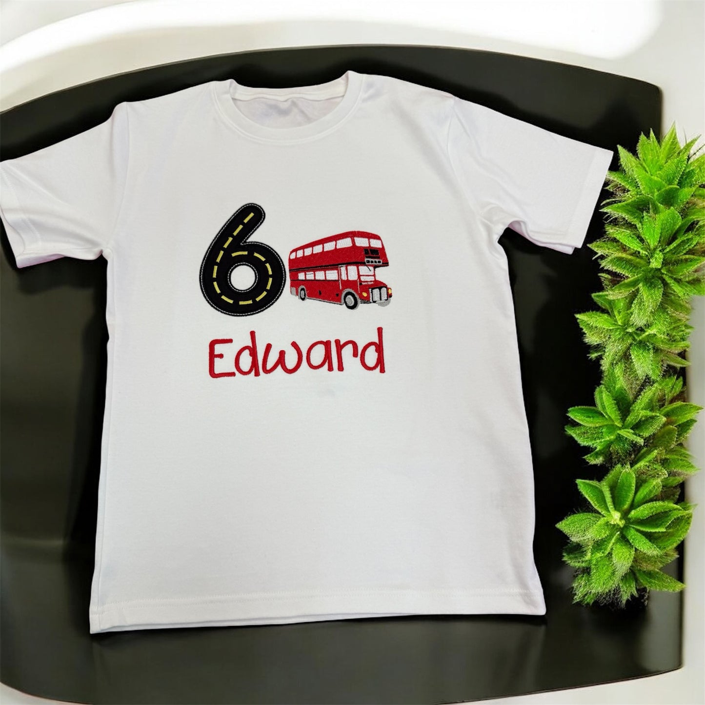 Embroidered Double Decker Bus Design with Number and name Birthday T-Shirt