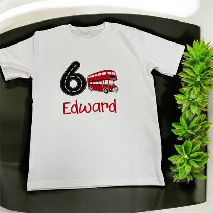 Embroidered Double Decker Bus Design with Number and name Birthday T-Shirt
