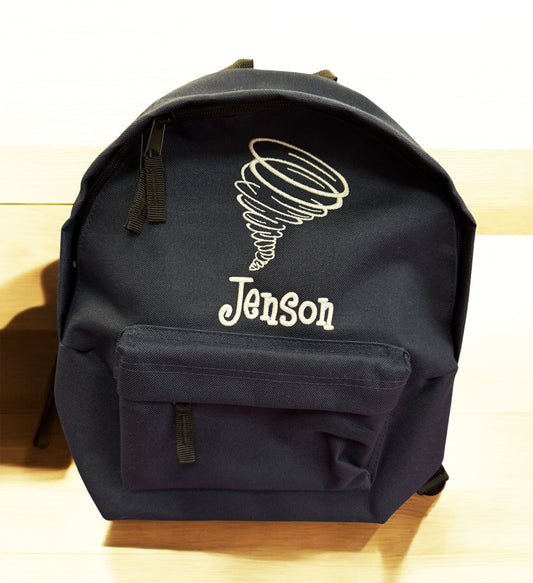 Toddler backpack with Embroidered Tornado Whirlwind design and name