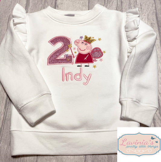 Personalised Birthday Kids Pink Pig Number T-Shirt, Embroidered T-Shirt