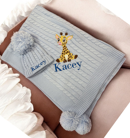 Personalised New Born Baby Blanket and Hat Set Embroidered with Giraffe and Name