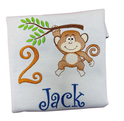 Kids Monkey Birthday T-Shirt Embroidered with Name and Number