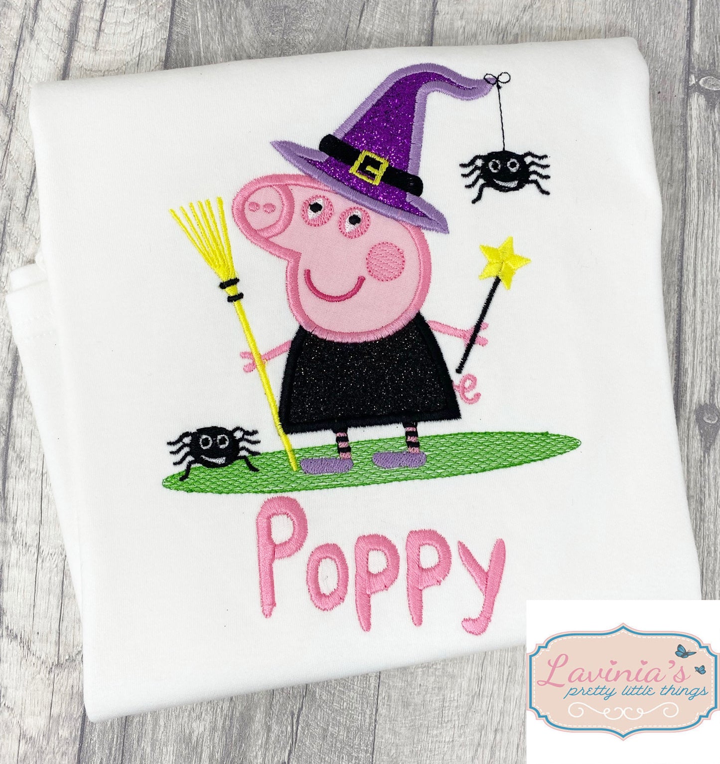 Pink Pepa Pig Witch T-Shirt, Embroidered Halloween Top
