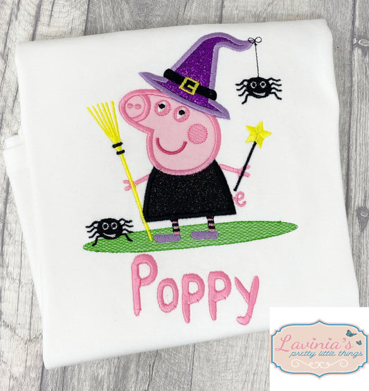 Pink Pepa Pig Witch T-Shirt, Embroidered Halloween Top