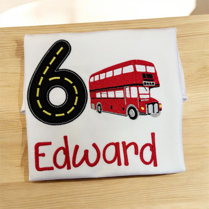 Embroidered Double Decker Bus Design with Number and name Birthday T-Shirt