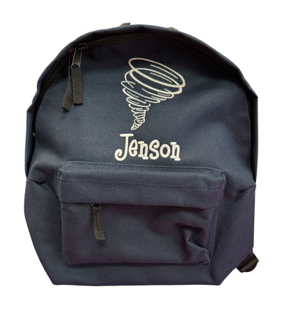Toddler backpack with Embroidered Tornado Whirlwind design and name