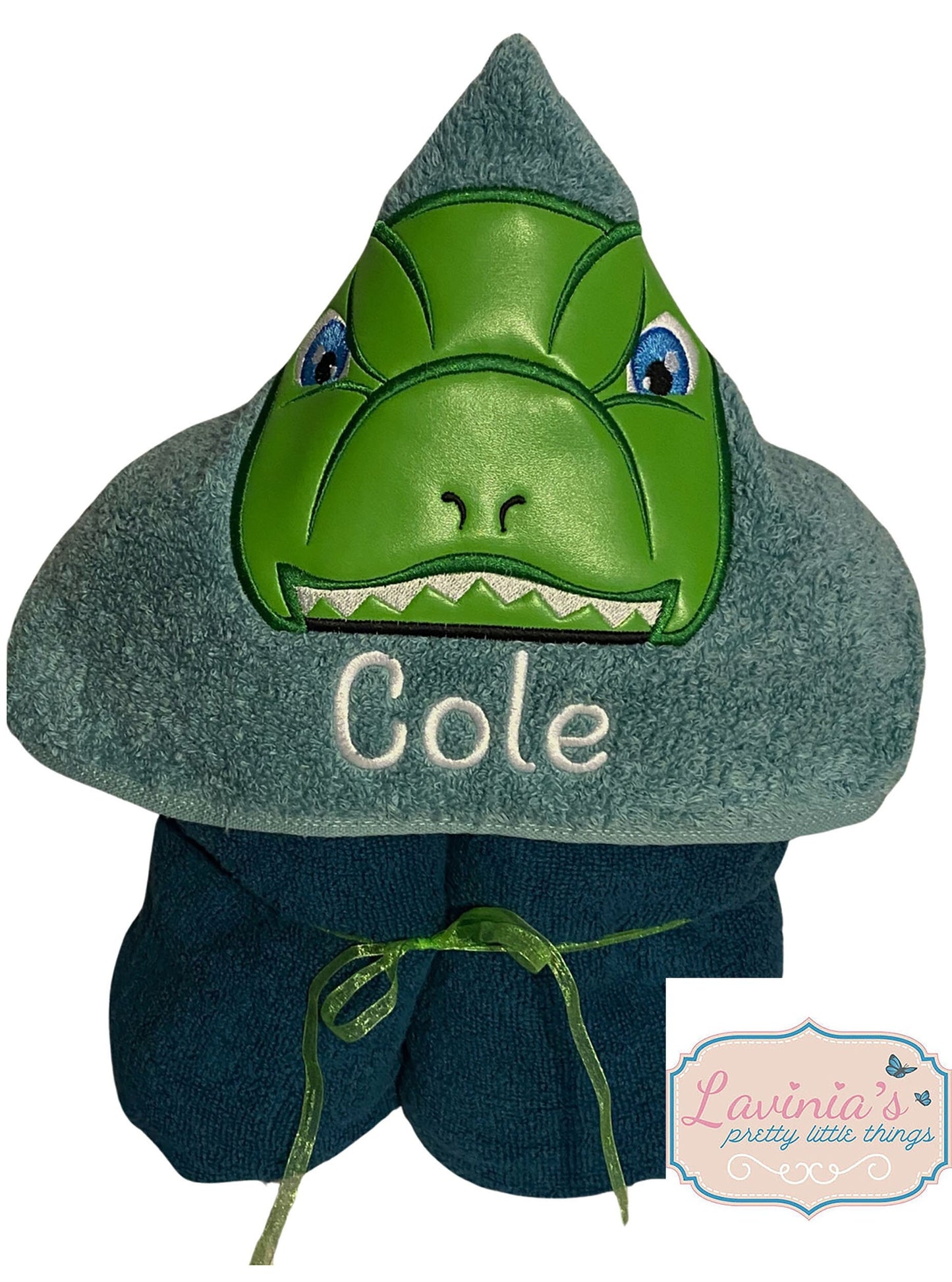 Hooded green dinosaur towel